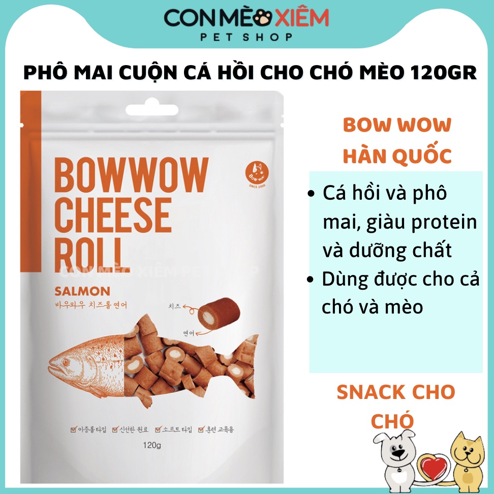 Snack cho chó mèo phô mai cuộn cá hồi Bow wow cheese roll 120g, thức ăn cho chó mèo vặt huấn luyện cún Con Mèo Xiêm