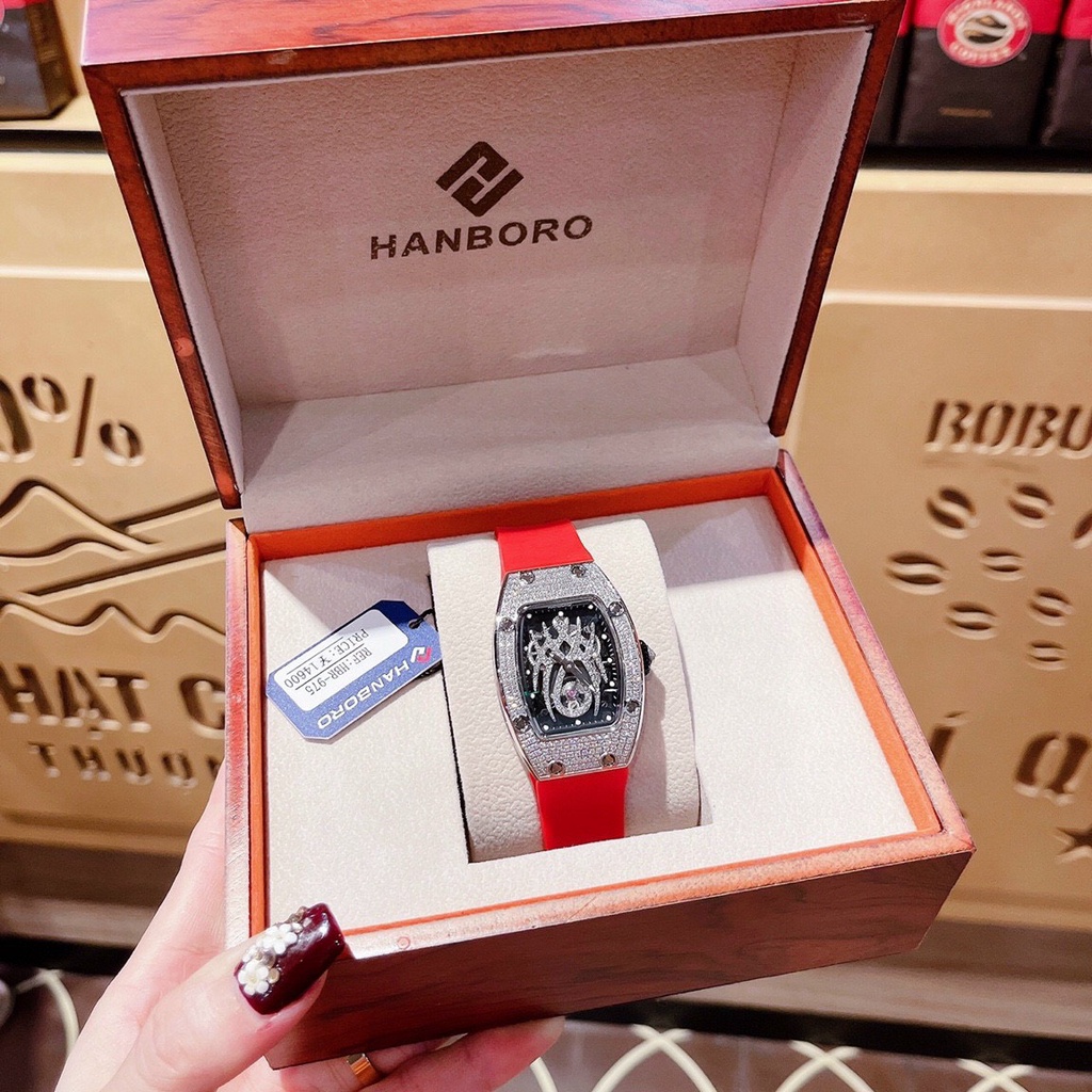 Đồng Hồ Nam Nữ Hanboro Nam Máy Automatic, Nữ Máy Pin , Dây Cao Su Màu Đỏ , Size 36mm/48mm