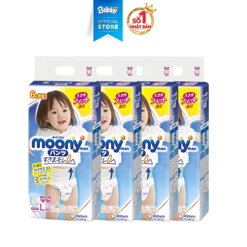 [CỘNG 6 MIẾNG] Combo 4 Tã quần Moony cao cấp L50/XL44 Bé Gái (Girl) - Nhập khẩu từ Nhật Bản