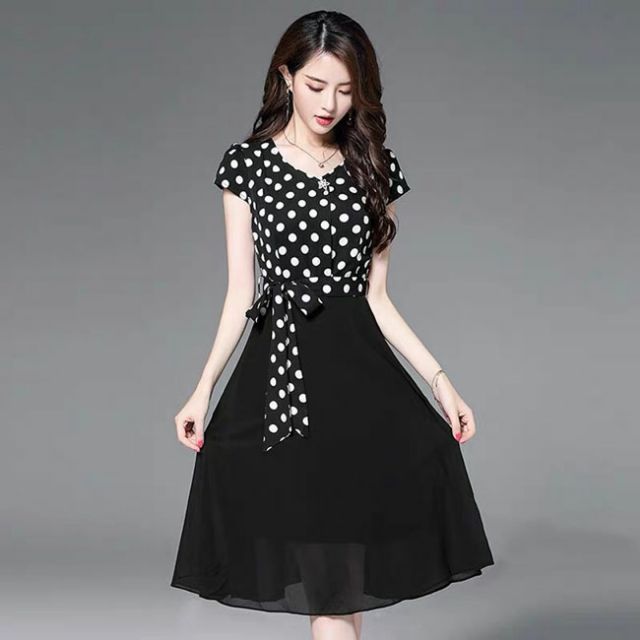 ĐẦM XÒE CHẤM BI CỘT NƠ (M, L, XL)