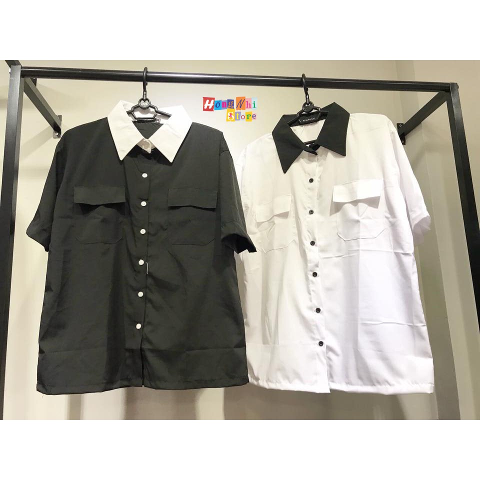 SƠ MI TAY LỠ DÁNG RỘNG UNISEX PHỐI CỔ 2 TÚI MÀU TRẮNG - SƠ MI MIX TAY LỠ- MM