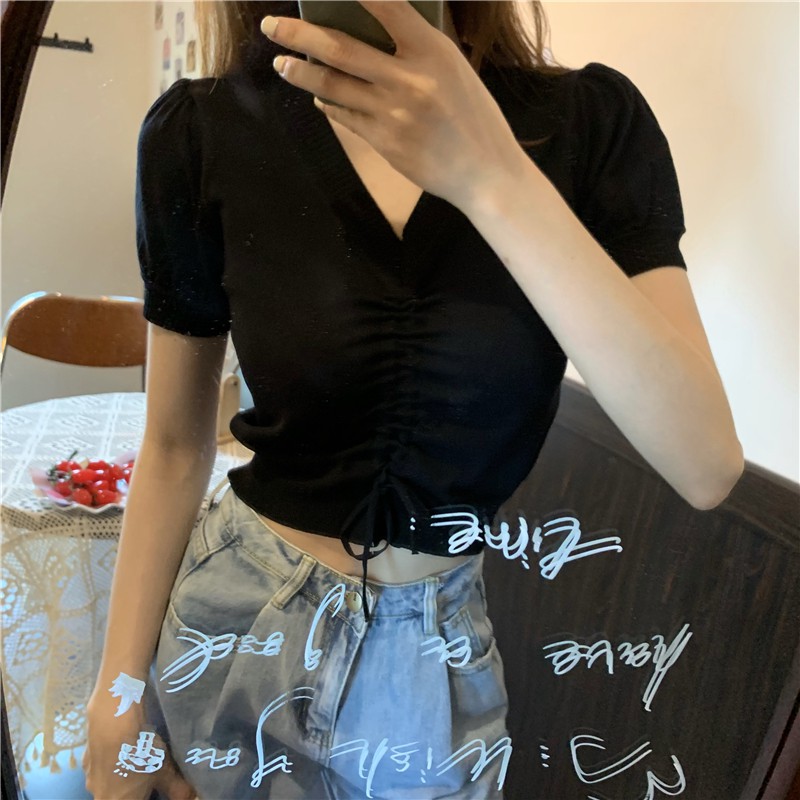 Áo tay ngắn cổ V dây rút bằng len thời trang cho nữ | BigBuy360 - bigbuy360.vn