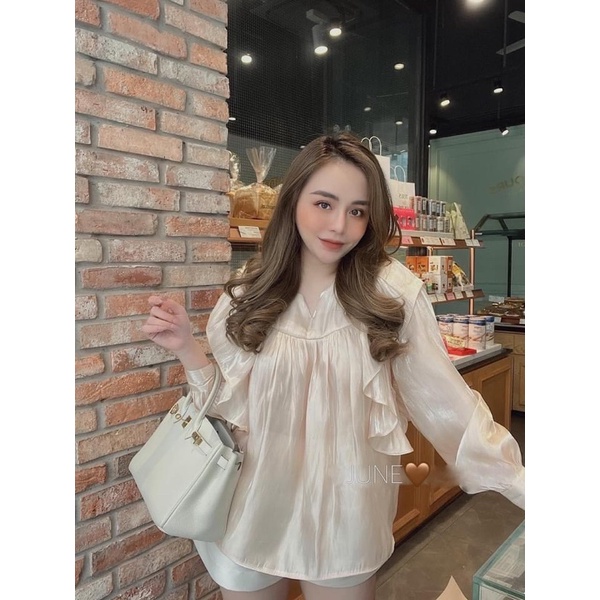Áo sơ mi voan tơ óng dáng babydoll tay bồng phối bèo tiểu thư sang chảnh bánh bèo