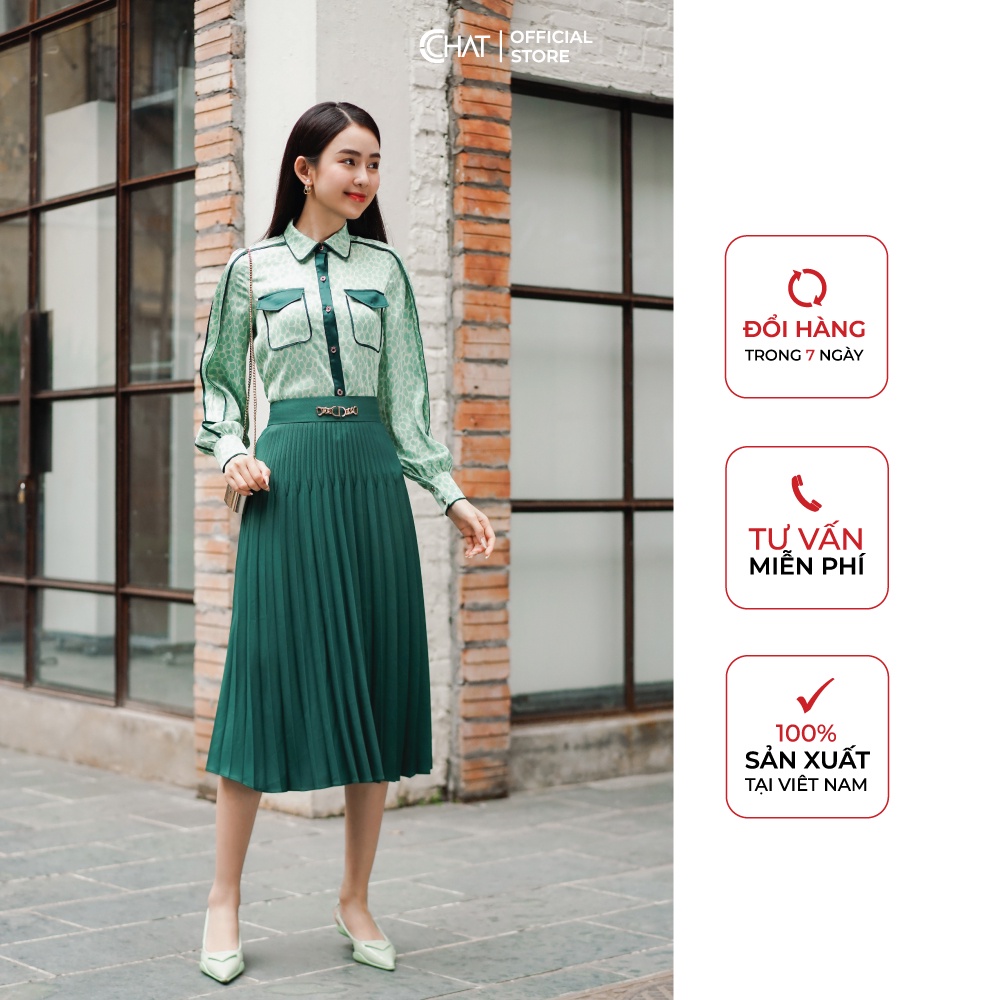 Áo Sơ Mi Nữ 𝐂𝐂𝐇𝐀𝐓 Họa Tiết Phối 2 Túi Ốp Chất Lụa Cao Cấp Phong Cách Trẻ Trung 12FDL8023ST