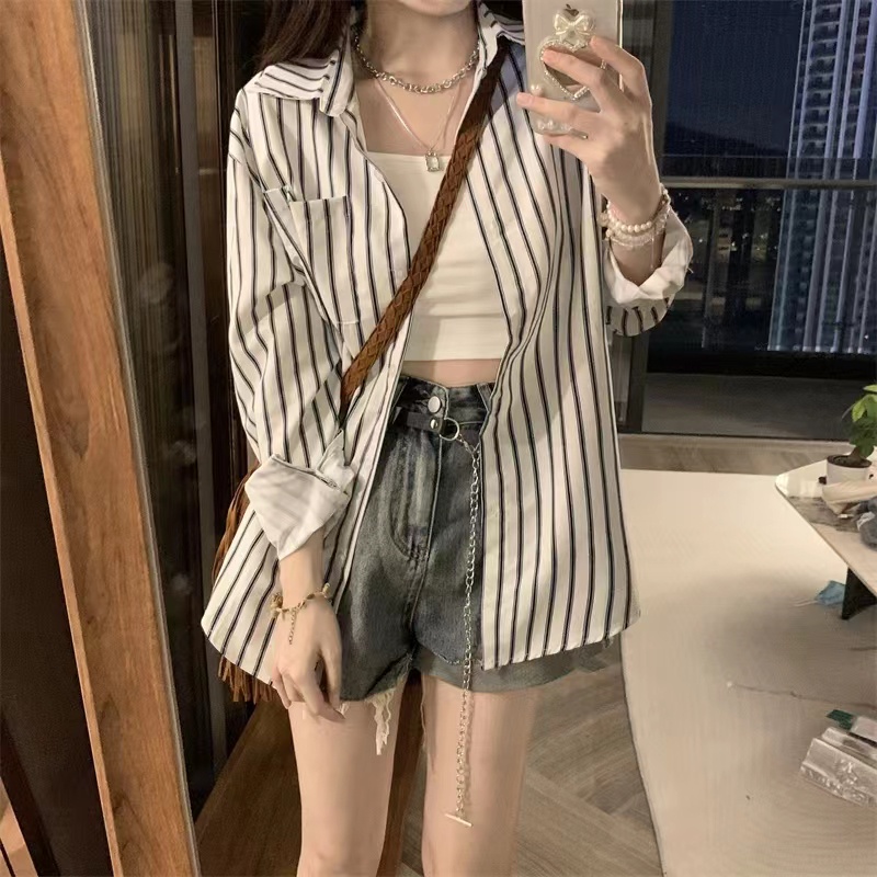 Áo sơ mi ZHELIHANGFEI tay dài dáng rộng họa tiết kẻ sọc thời trang dễ phối đồ cho nữ