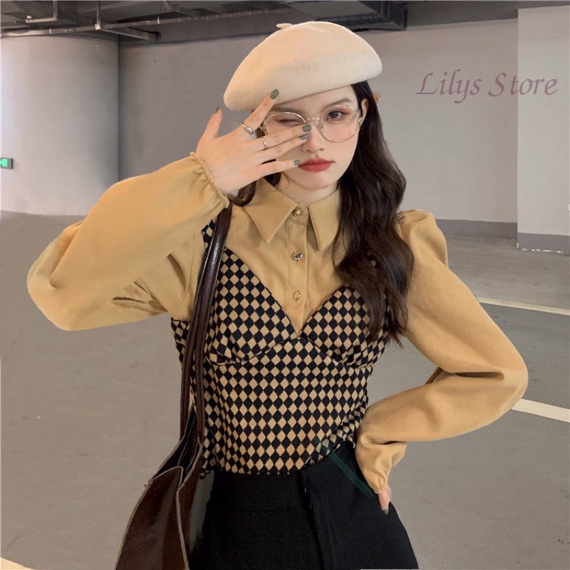 Áo sơ mi tiểu thư phối yếm hoạ tiết caro nhẹ nhàng thanh lịch - Hàng loại đẹp chất vải mềm mịn