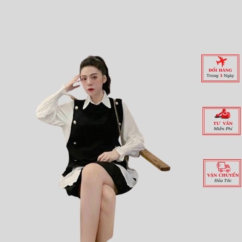 Áo sơ mi trắng chun tay nữ kèm gile len nâu đen công sở ulzzang Hàn Quốc