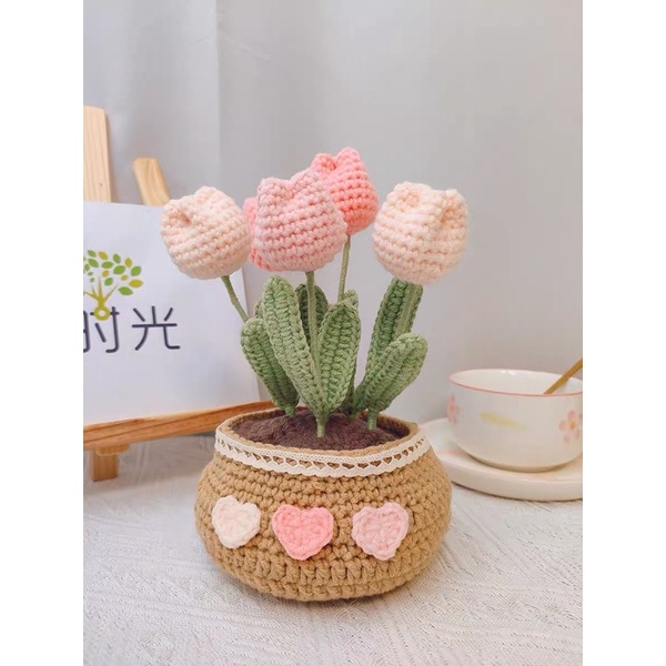 DIY Gói Nguyên Liệu Móc Chậu Hoa Len Tulip daisy - Quà Tặng Handmade Tự Làm Decor