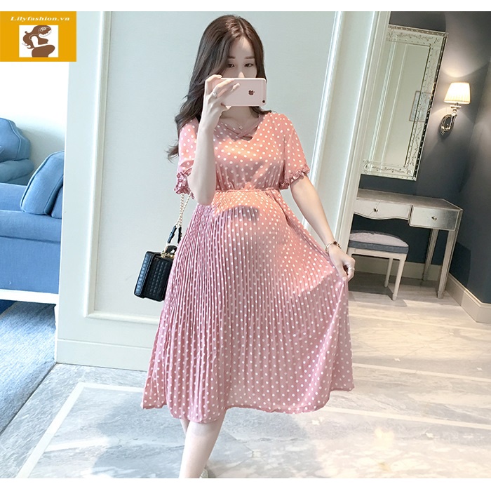 BIGSIZE 85KG Váy đầm bầu hồng chấm bi thiết kế cho mẹ bầu công sở, dự tiệc lịch sự trẻ trung mới mùa hè thoáng mát