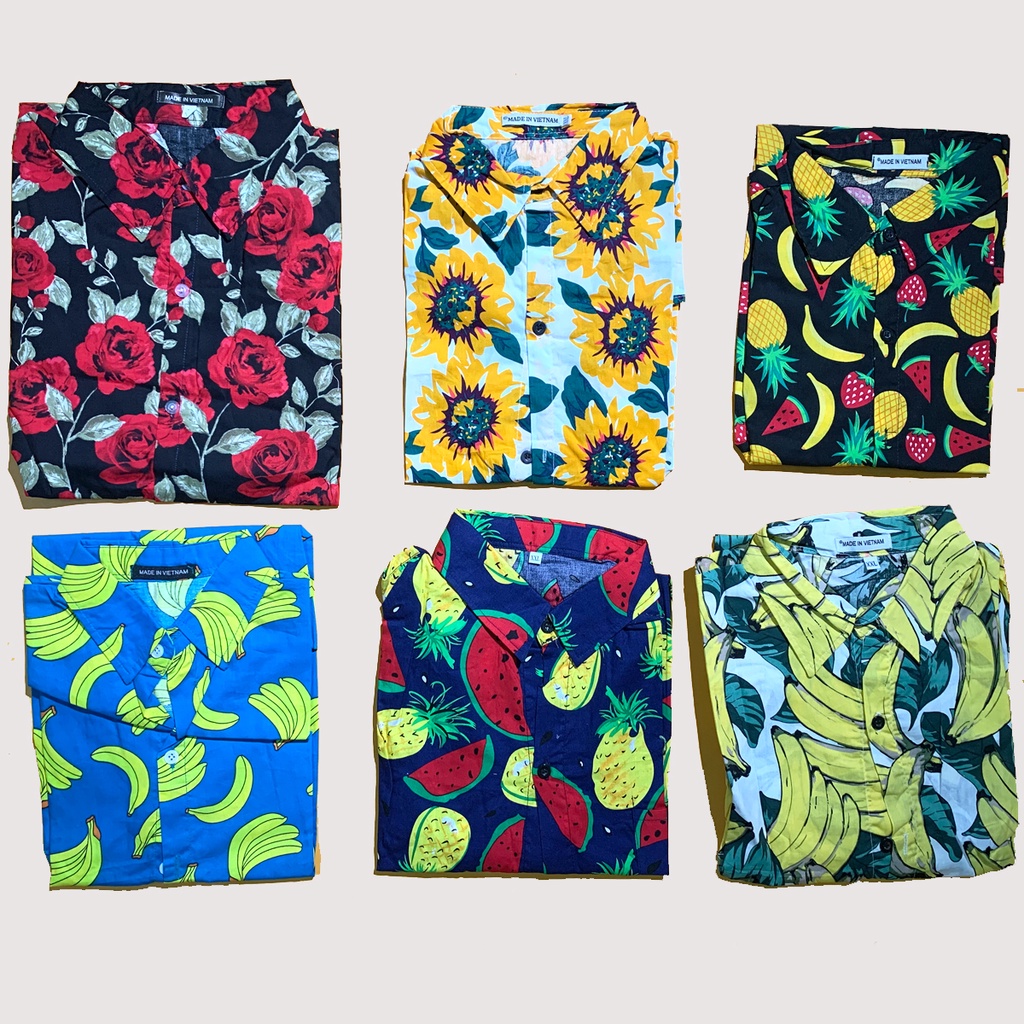 Áo sơ mi trái cây đi biển, sơ mi hoa quả, chất liệu kate làm đồng phục du lịch
