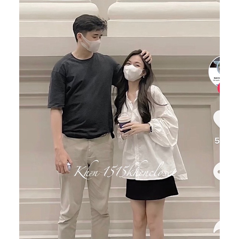 Áo sơ mi trắng cổ tàu tay dài phồng