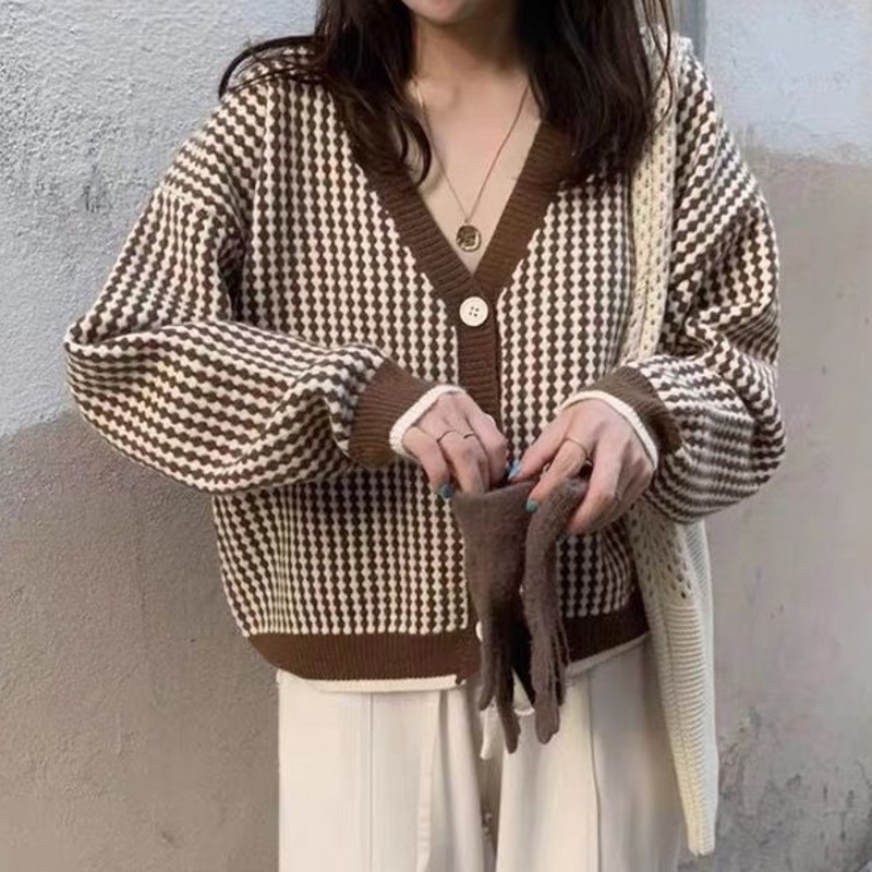 Áo Sweater Tay Dài Họa Tiết Cá Tính Trẻ Trung 206742 Áo Khoác Dệt Kim Dáng Rộng Phong Cách Retro Hàn Quốc
