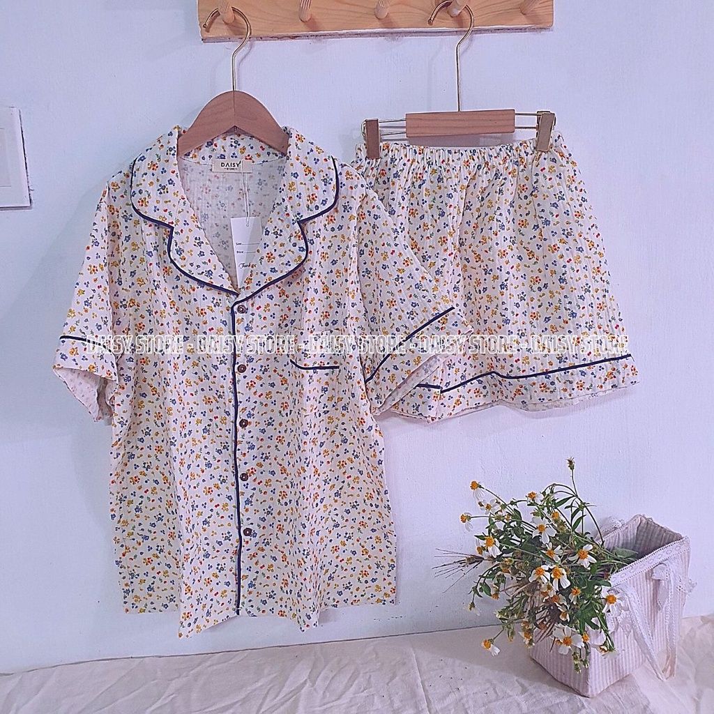 Pyjama xô muslin hoa nhí đa sắc