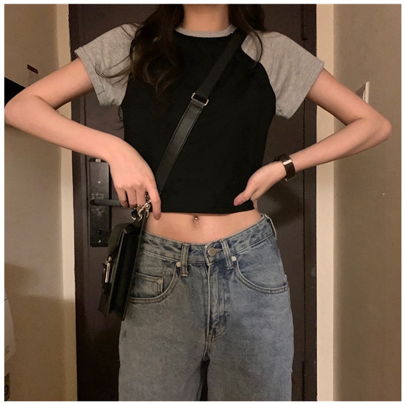 WANGJIAOZHAN Áo thun croptop tay ngắn màu sắc tương phản phong cách Hàn Quốc thời trang cho nữ