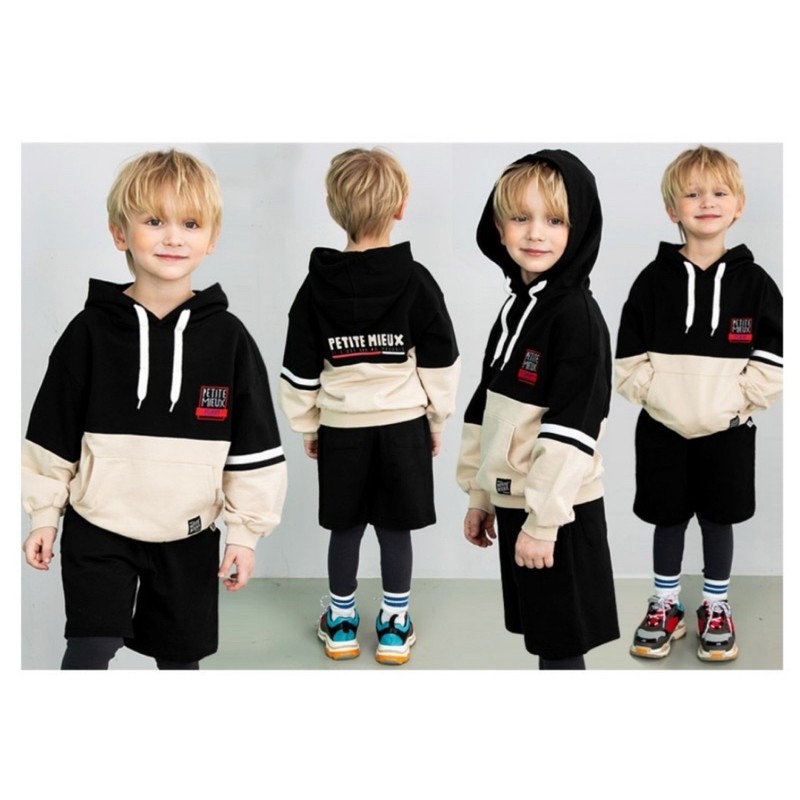 Bộ petite bé trai áo mũ+quần kép