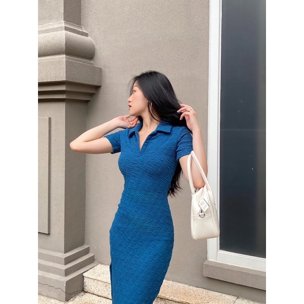 SALE Đầm polo tay ngắn khoét lưng cột dây vải dập nổi co giãn - by Whattowear