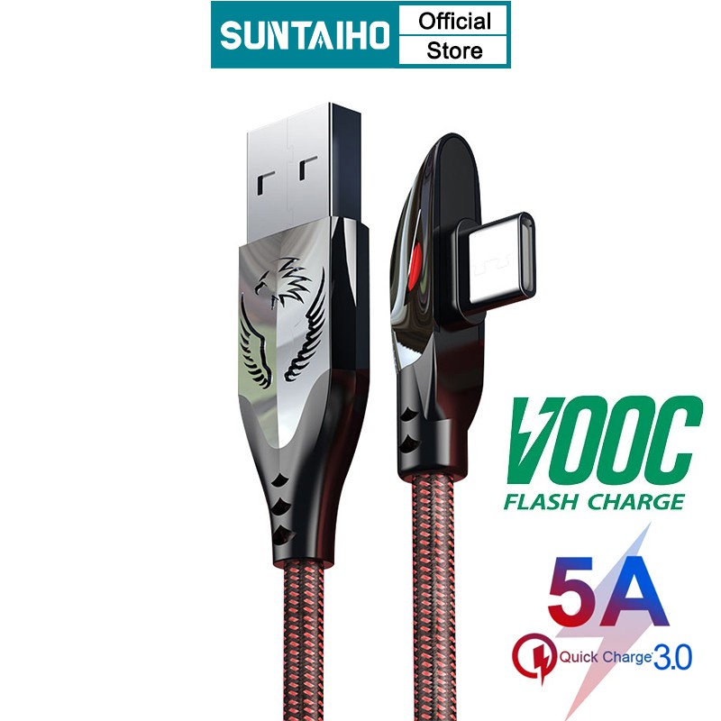 Cáp sạc nhanh Suntaiho type C 5A QC4.0 đầu cong 90 độ bằng hợp kim kẽm cho điện thoại Samsung ViVO Oppo Vooc