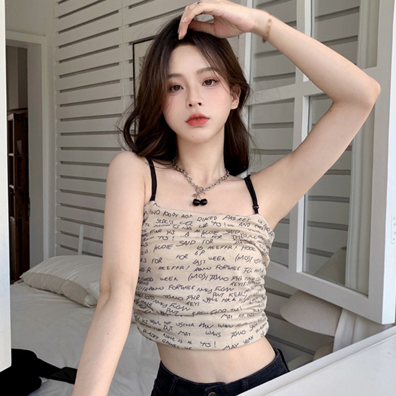 Áo Croptop Hai Dây Ôm Dáng In Chữ Phong Cách Hàn Quốc Thời Trang Mùa Hè Cho Nữ