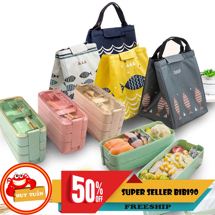 Set hộp cơm văn phòng 3 tầng bằng lúa mạch và túi giữ nhiệt hình cá