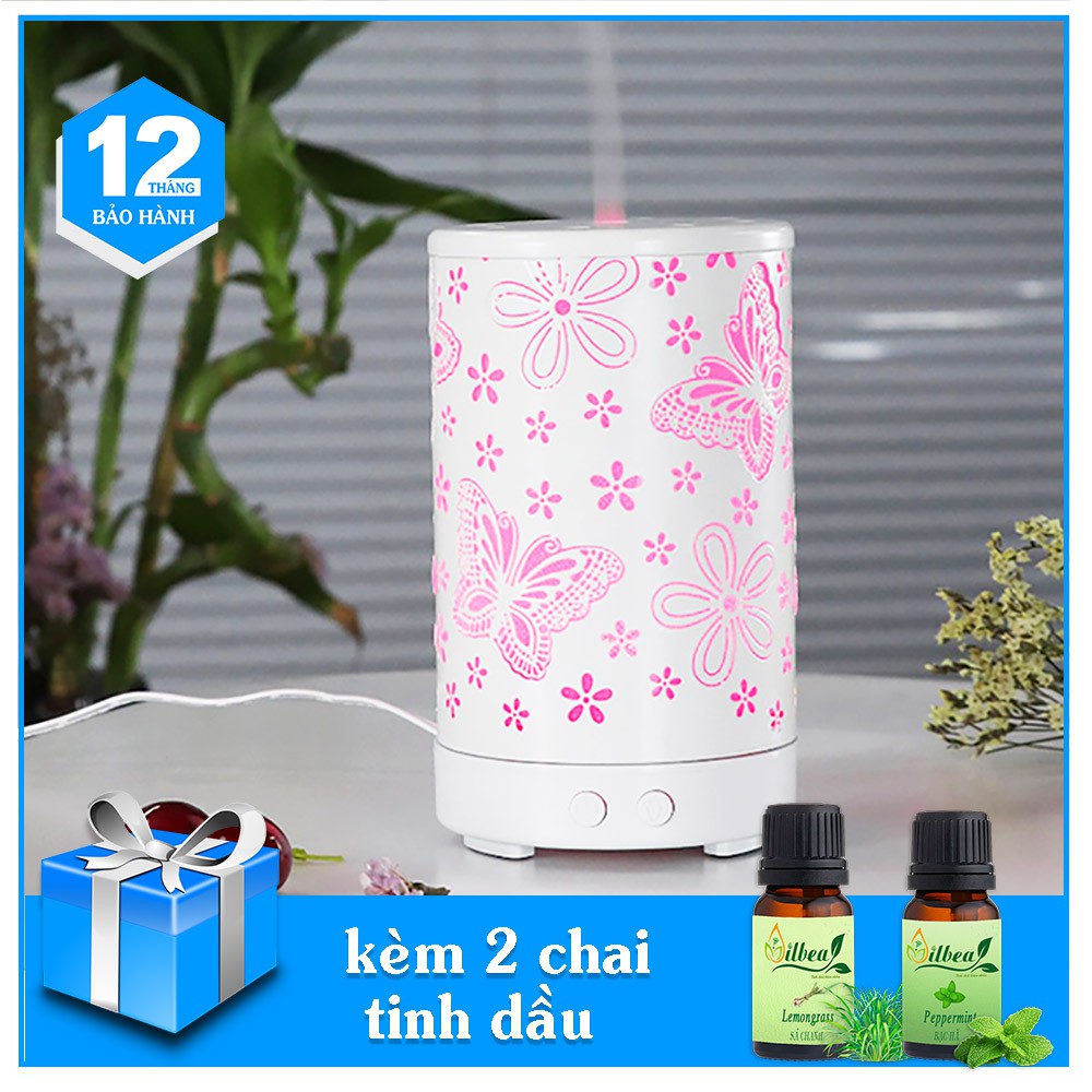 Máy Khuếch Tán Phun Sương Xông Tinh Dầu Trụ Kim Loại Hình Con Bướm Trắng Kèm 2 Lọ Tinh Dầu 10ml