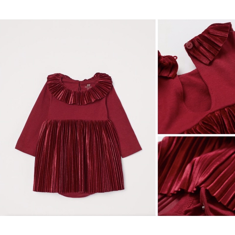 Váy đỏ đậm dài tay xếp ly siêu yêu săn sale US size 6-9m