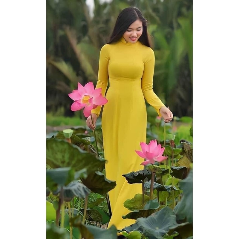 Áo dài truyền thống - Áo dài nhà tấm màu vàng xinh tươi ADV16