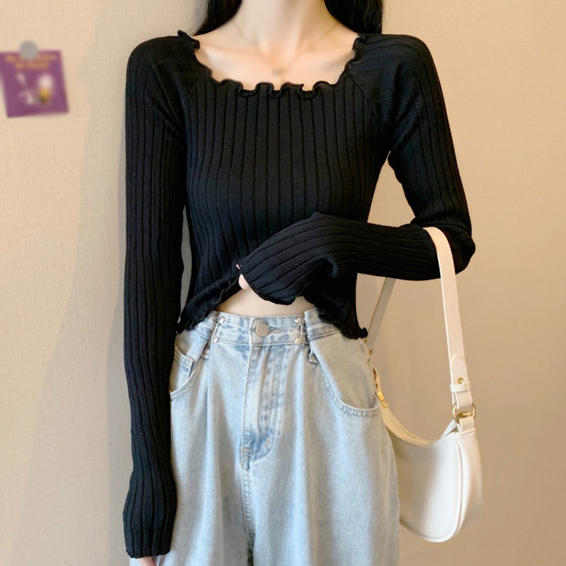 Áo dệt kim tay dài màu trơn dáng ôm thời trang mùa thu phong cách Hàn Quốc cho nữ