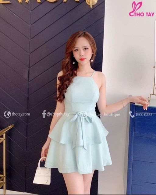 Đầm xòe 2 tầng cổ yếm cột nơ eo siêu xinh + Ảnh thật