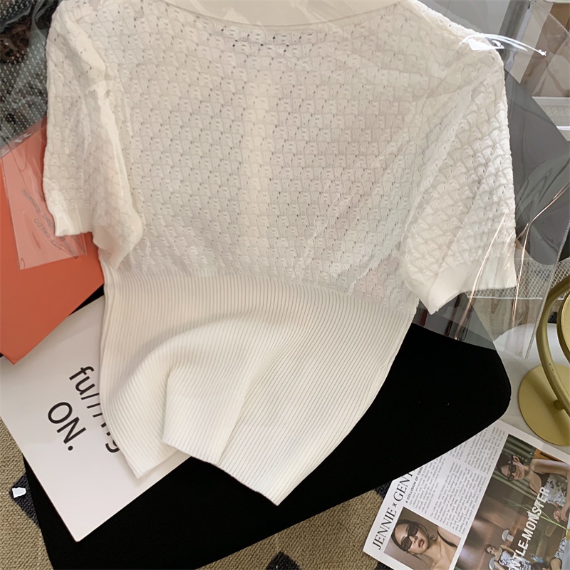 Áo polo dệt kim ZHELIHANGFEI tay ngắn thêu họa tiết đính ngọc trai phong cách thời trang cao cấp cho nữ