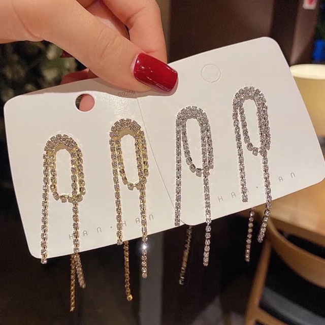bông tai thả dài đính đá, khuyên tai dáng dài phong cách hàn quốc
