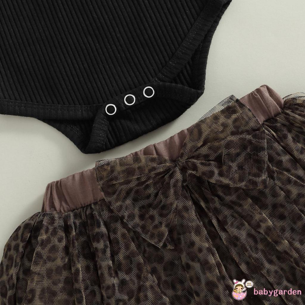 Set Đồ 3 Món Gồm Áo Liền Quần Tay Dài Dệt Kim Màu Trơn + Chân Váy Lưới + Băng Đô Họa Tiết Da Báo Dành Cho Bé Gái 0-18 Tháng Tuổi