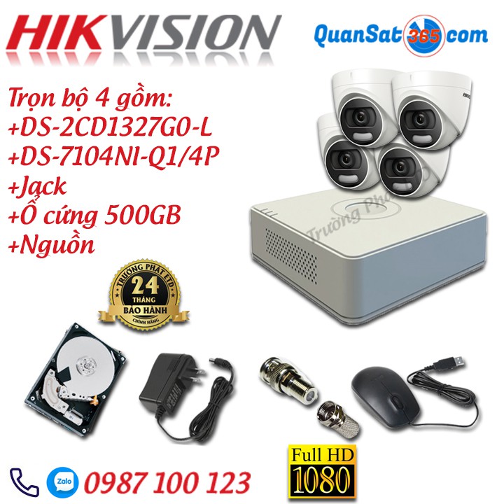 Trọn Bộ (2-8) Camera IP HIKVISION POE 2MP Full Màu 24/24 DS-2CD1327G0-L - Full Phụ Kiện - Hàng Chính Hãng