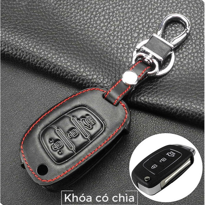 Bao da chìa khóa đen chỉ đỏ xe GRAND I10, Elantra - chìa gập