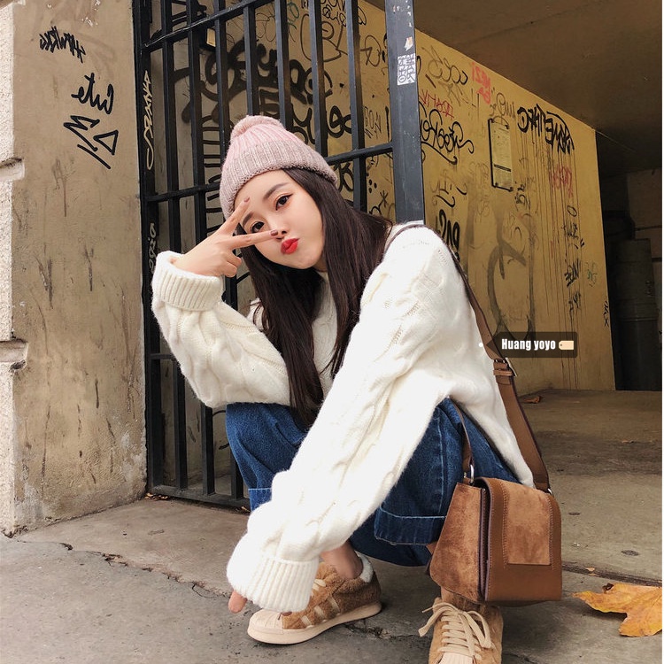 Áo Sweater Tay Dài Dáng Rộng Cổ Tròn Kiểu Hàn Quốc Dễ Phối Đồ Cho Nữ
