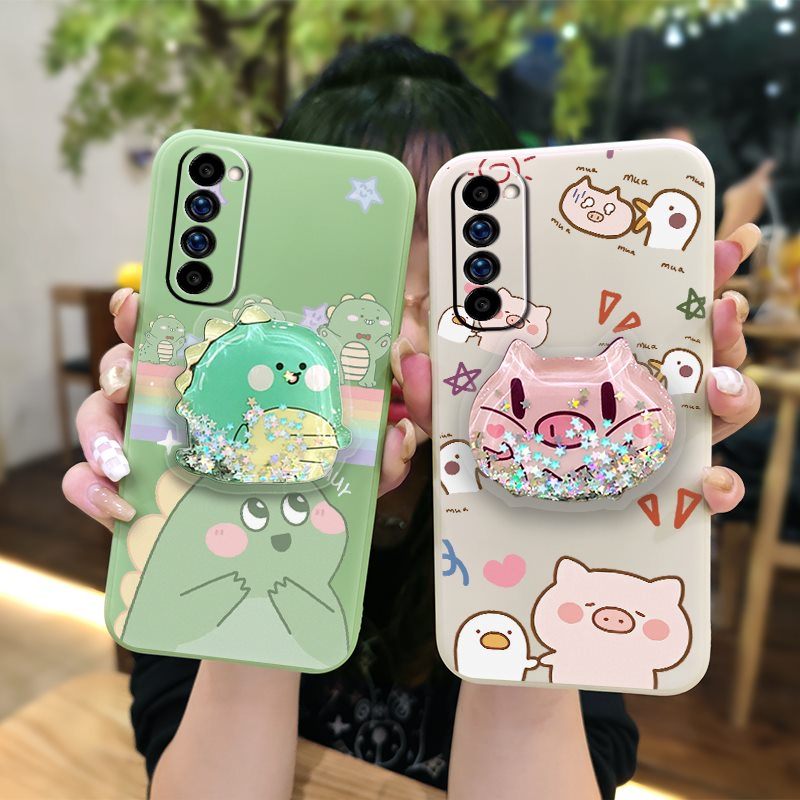Ins Glitter Phone Case For OPPO Reno4 Pro 4G phone case quicksand Rotatable stand Liquid silicone shell Anti-fall Cartoon