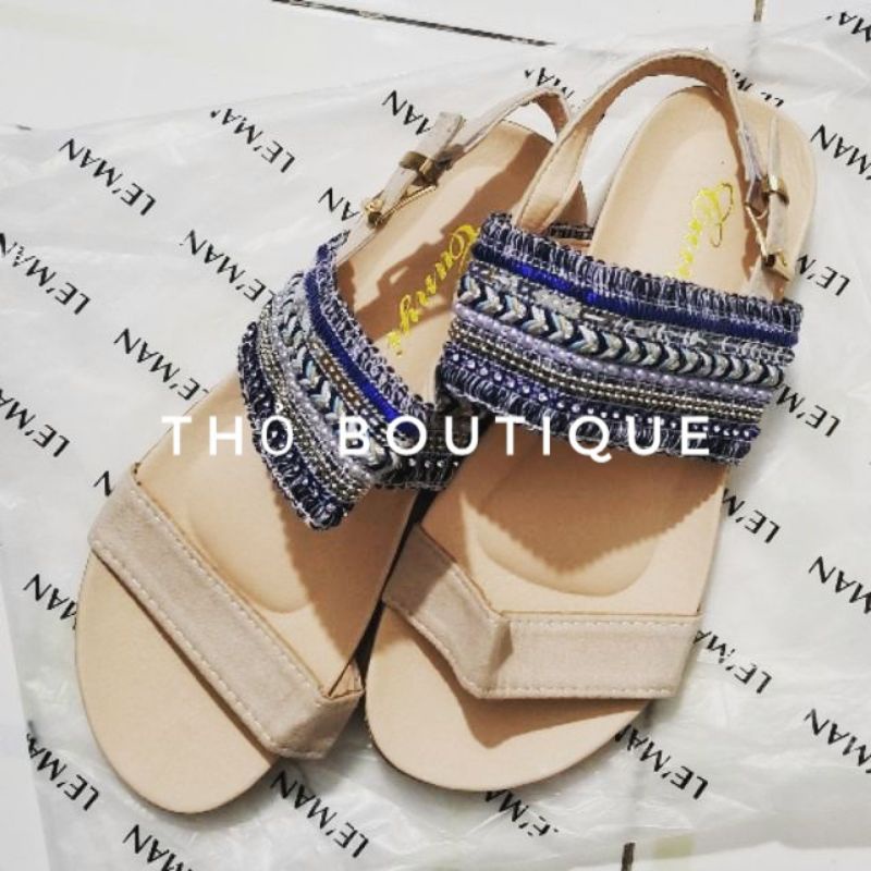 Giày sandal CUNYI Bohemian da lộn phối quai ngang dệt thổ cẩm đính cườm màu xanh, kem size 37-38