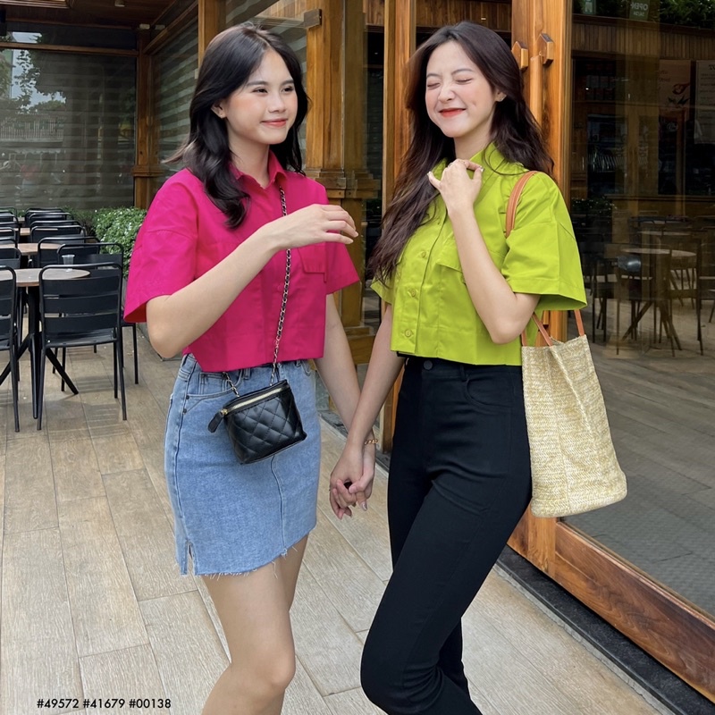 Áo sơmi crop - 197 - 2túi hộp tay ngắn