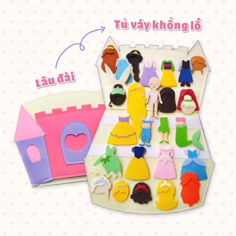 Bộ sưu tập thay váy lâu đài + 12 công chúa DISNEY bằng vải dạ cao cấp
