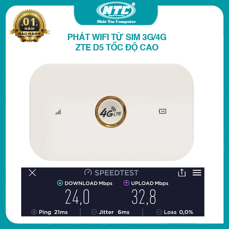 Phát wifi từ sim 4G ZTE D5 sóng cực mạnh - Hỗ trợ vừa sạc vừa dùng (trắng) - Nhất Tín Computer