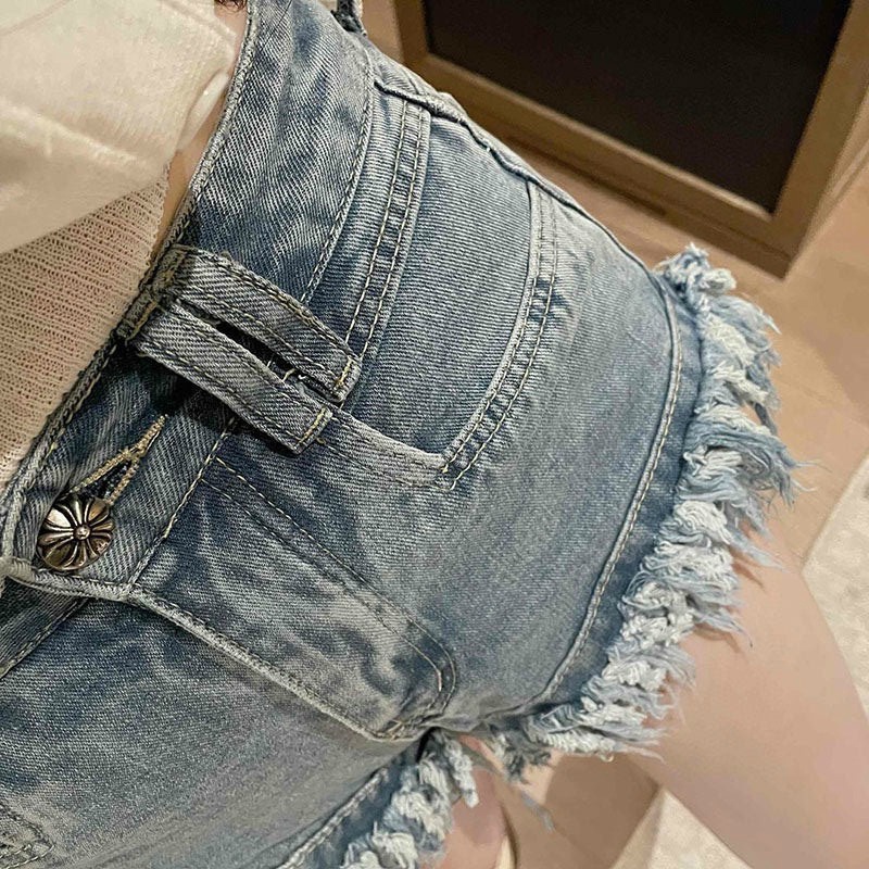 Quần Đùi Jean Rách Dáng Ôm Lưng Cao Thiết Kế Thời Trang Mùa Hè Phong Cách Quần Short Nữ