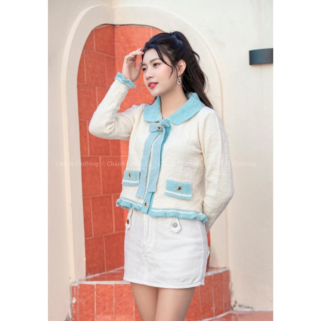 Áo Khoác Cardigan Chất Len Lông Dày Dặn, Kèm Tag Nơ, Áo Tiểu Thư- hàng quảng châu có sẵn