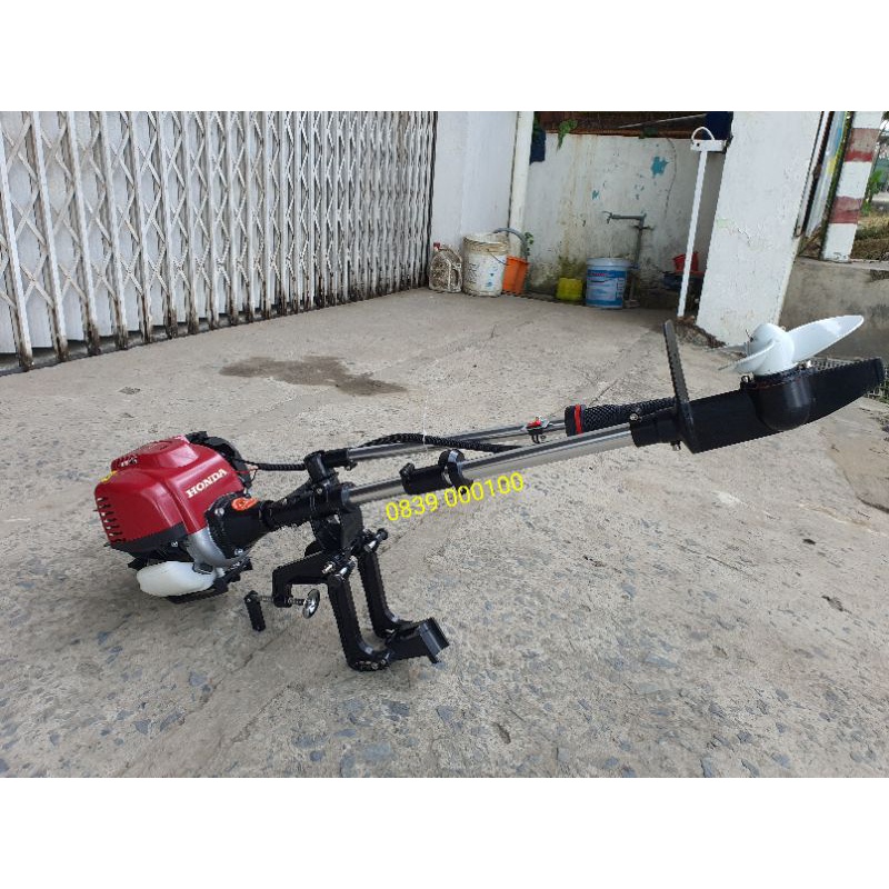 Máy chạy thuyền hơi 4 thì. Động cơ kèm dàn láp chân vịt đứng chạy xuồng và Ca Nô