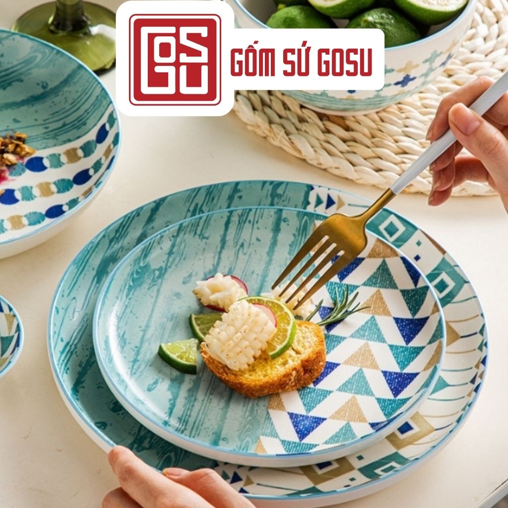 Bộ bát đĩa gốm sứ Gosu cao cấp phong cách Bắc Âu mã PDS018 màu xanh đại dương.
