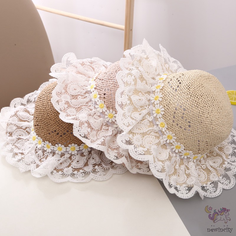 Nón tai bèo bằng rơm họa tiết hoa cúc đi biển mùa hè cho bé