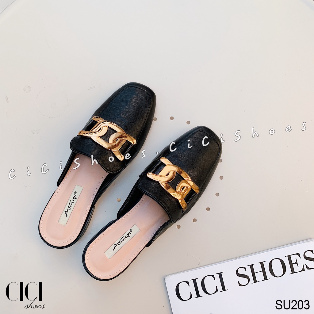 Giày cao gót nữ CiCi Shoes gót vuông 1cm, dép sục da lì khoá đồng xoắn - SU203