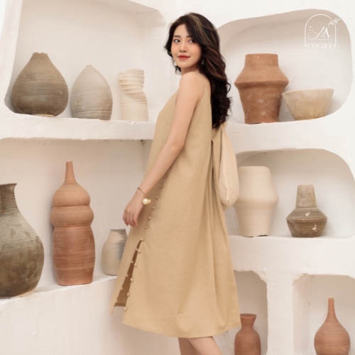 Đầm cúc thiết kế chất liệu linen