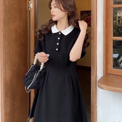 Váy Polo Nữ Triết Eo Phối Cổ Trắng Dáng Xòe Đầm Nữ Cộc Tay Cổ Sơ Mi Freesize