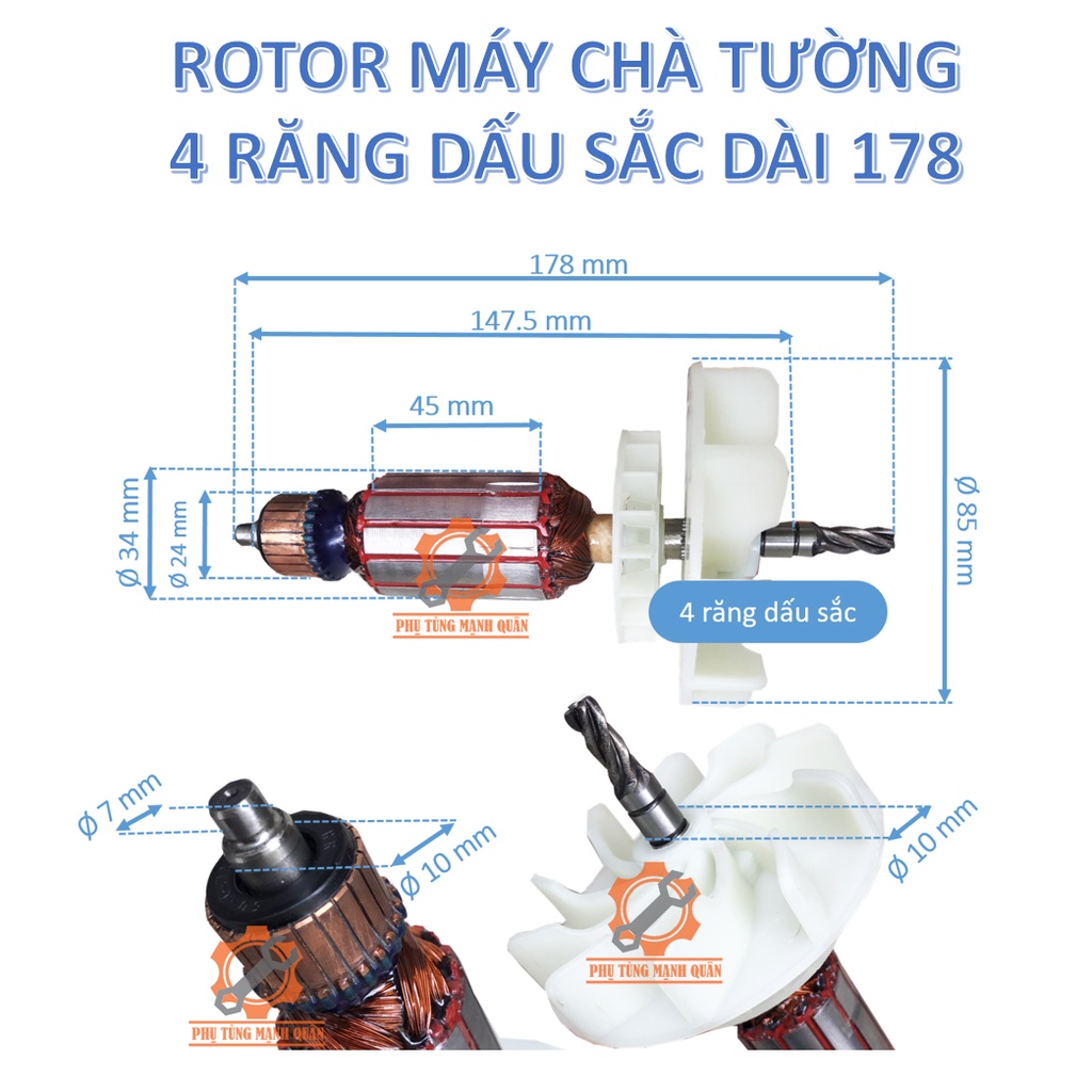 Rotor/ruột máy chà tường tặng kèm chổi than cao cấp