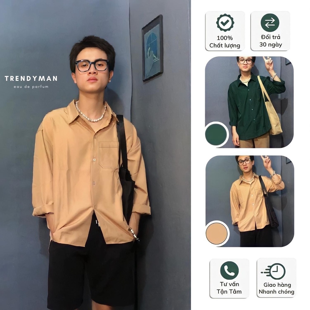 Áo sơ mi lụa unisex xanh lá đậm dáng rộng Trendyman áo sơ mi nam nữ nâu kem hot trend mềm mại phong cách ulzzang