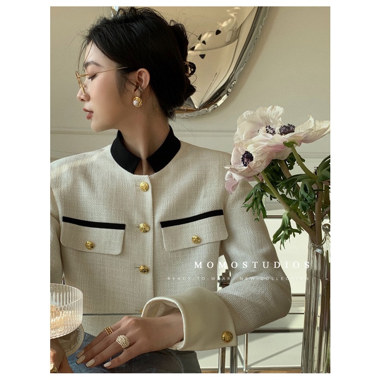 Áo Khoác Cardigan Cổ Đứng Dáng Ngắn Màu Trắng Thời Trang 2022 Cho Nữ